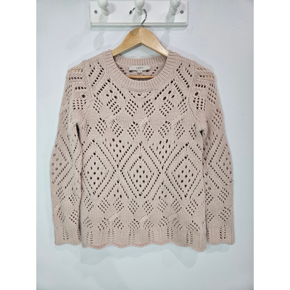 Loft Womens XS Blush Pink Pointelle Diamond Cable Knit Scalloped Hem Sweater